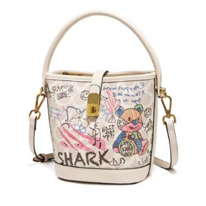 FOXER Leather Bucket Crossbody Bags for Women Graffiti Top-Handle Handbags Small Satchel Purse Trendy Twist Lock