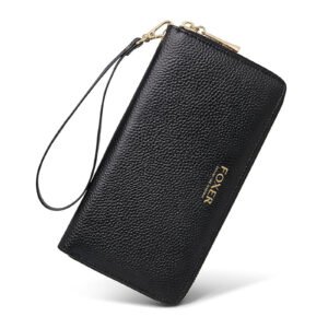 FOXER Litchi Grain Leather Wallets for Women Large Wristlet Purses Billfolds RFID Card Cases Money Organizers Zipper Closure Coin Pocket(Litchi Grain-Black)