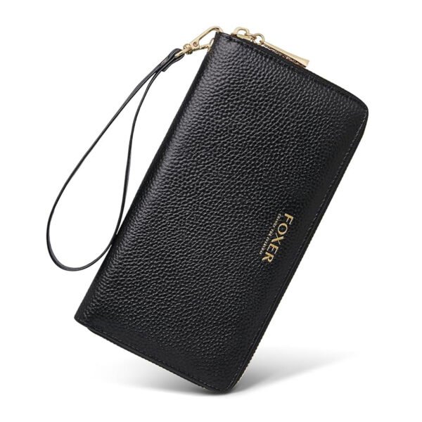 FOXER Litchi Grain Leather Wallets for Women Large Wristlet Purses Billfolds RFID Card Cases Money Organizers Zipper Closure Coin Pocket(Litchi Grain-Black)