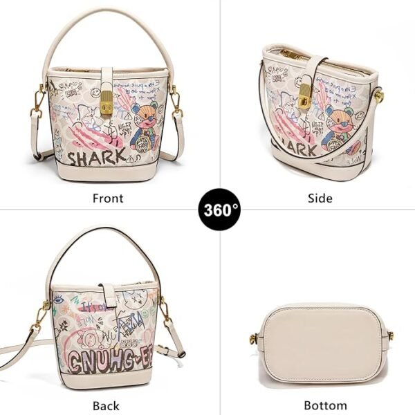 FOXER Leather Bucket Crossbody Bags for Women Graffiti Top-Handle Handbags Small Satchel Purse Trendy Twist Lock - Image 2