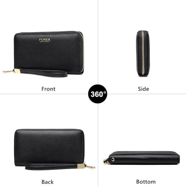 FOXER Litchi Grain Leather Wallets for Women Large Wristlet Purses Billfolds RFID Card Cases Money Organizers Zipper Closure Coin Pocket(Litchi Grain-Black) - Image 2