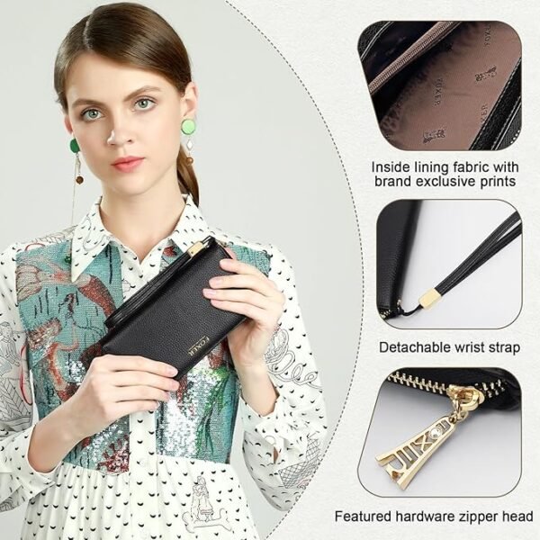 FOXER Litchi Grain Leather Wallets for Women Large Wristlet Purses Billfolds RFID Card Cases Money Organizers Zipper Closure Coin Pocket(Litchi Grain-Black) - Image 4