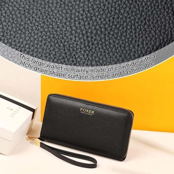 FOXER Litchi Grain Leather Wallets for Women Large Wristlet Purses Billfolds RFID Card Cases Money Organizers Zipper Closure Coin Pocket(Litchi Grain-Black) - Image 5