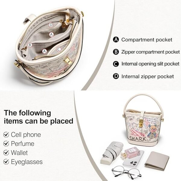 FOXER Leather Bucket Crossbody Bags for Women Graffiti Top-Handle Handbags Small Satchel Purse Trendy Twist Lock - Image 6