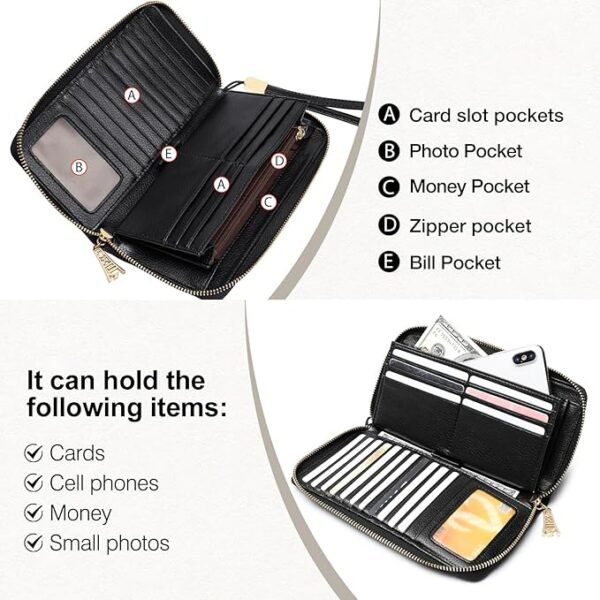 FOXER Litchi Grain Leather Wallets for Women Large Wristlet Purses Billfolds RFID Card Cases Money Organizers Zipper Closure Coin Pocket(Litchi Grain-Black) - Image 6