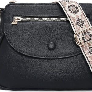 FOXER Crossbody Bags for Women Triple Zip Trendy Vegan Leather Shoulder Purses with Colored Shoulder Strap(Black)