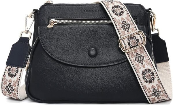 FOXER Crossbody Bags for Women Triple Zip Trendy Vegan Leather Shoulder Purses with Colored Shoulder Strap(Black)