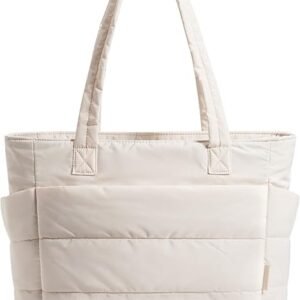 FOXER Tote Bag for Women, Lightweight Puffy Tote Bag with Compartments Quilted Shoulder Bag Handbag for Travel, Work, Gym(B-beige-standard Size)