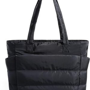 FOXER Tote Bag for Women, Lightweight Puffy Tote Bag with Compartments Quilted Shoulder Bag Handbag for Travel, Work, Gym(A-black-standard Size)