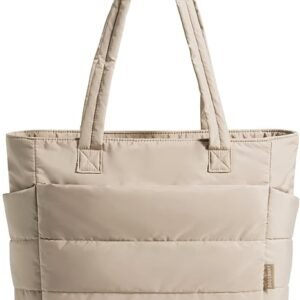 FOXER Tote Bag for Women, Lightweight Puffy Tote Bag with Compartments Quilted Shoulder Bag Handbag for Travel, Work, Gym(C-grayish Brown-standard Size)