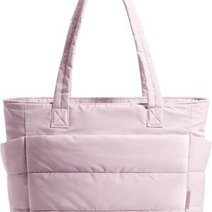 FOXER Tote Bag for Women, Lightweight Puffy Tote Bag with Compartments Quilted Shoulder Bag Handbag for Travel, Work, Gym(E-light Pink-standard Size)