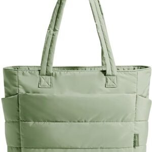FOXER Tote Bag for Women, Lightweight Puffy Tote Bag with Compartments Quilted Shoulder Bag Handbag for Travel, Work, Gym( G-green-standard Size)