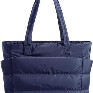 FOXER Tote Bag for Women, Lightweight Puffy Tote Bag with Compartments Quilted Shoulder Bag Handbag for Travel, Work, Gym( J-navy Blue-standard Size)