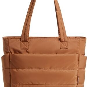 FOXER Tote Bag for Women, Lightweight Puffy Tote Bag with Compartments Quilted Shoulder Bag Handbag for Travel, Work, Gym( K-sandstore Brown-standard Size)