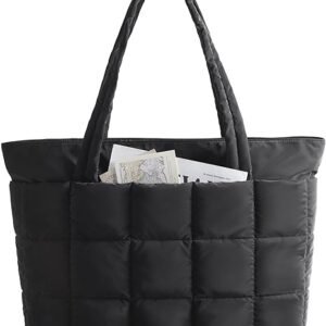 FOXER Expandable Tote Bag for Women, Puffer Work Tote Handbag, Quilted Carry-On Travel Gym Bag( Black)