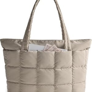 FOXER Expandable Tote Bag for Women, Puffer Work Tote Handbag, Quilted Carry-On Travel Gym Bag( Camel)