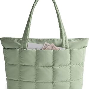 FOXER Expandable Tote Bag for Women, Puffer Work Tote Handbag, Quilted Carry-On Travel Gym Bag( Green)