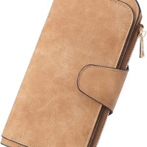 FOXER Women Wallet Leather RFID Blocking Designer Trifold Card Holder Ladies Clutch with ID Window(Camel)