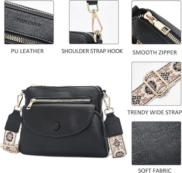 FOXER Crossbody Bags for Women Triple Zip Trendy Vegan Leather Shoulder Purses with Colored Shoulder Strap(Black) - Image 4