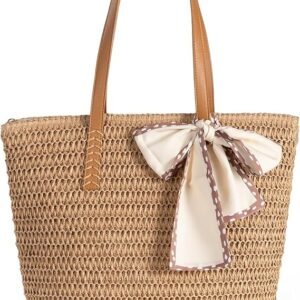 FOXER Large Straw Beach Bag: Women's Handwoven Tote with Zipper Pocket - 2025 Lightweight Summer Purse for Travel & Work