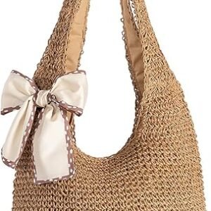 FOXER Straw Beach Bag for Women - Handmade Raffia Woven Tote Handbag, Summer Mesh Beach Purse for Vacation Holiday