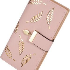 FOXER Women's Long Leaf Bifold Wallet Leather Card Holder Purse Zipper Buckle Elegant Clutch Wallet Handbag for Women - Pink