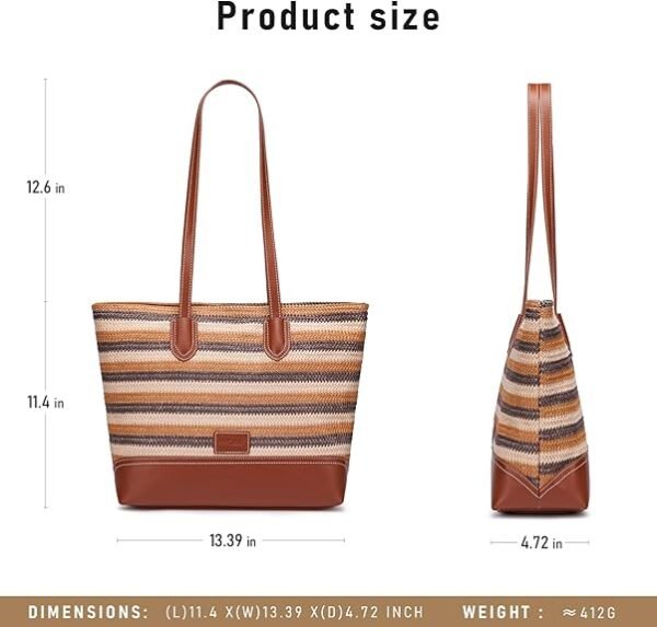 FOXER Tote Bag for Women,Woven Shoulder Bag for Woman Vegan Leather Hobo Purse Satchel Handbags With Zipper Pockets（Brown） - Image 3