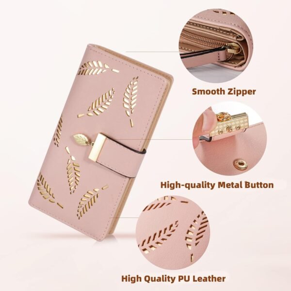 FOXER Women's Long Leaf Bifold Wallet Leather Card Holder Purse Zipper Buckle Elegant Clutch Wallet Handbag for Women - Pink - Image 6