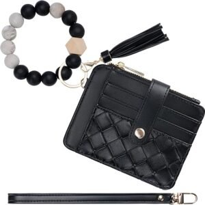 Keychain Wallet with Bracelet RFID Blocking Wristlet Credit Purse Card Holder, Silicone Bead Tassel Key Ring for Women