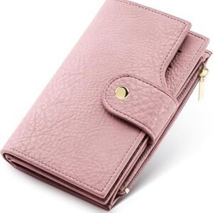 Women's Bifold Wallet, RFID Blocking Credit Card Holder with Zipper, Travel Cute Coin Pocket Wallet for Ladies, Pink