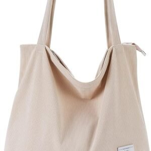 Women Corduroy Tote Bag Zipper Casual Tote's Handbag Big Capacity Shoulder Bag with Pockets（Cream White）